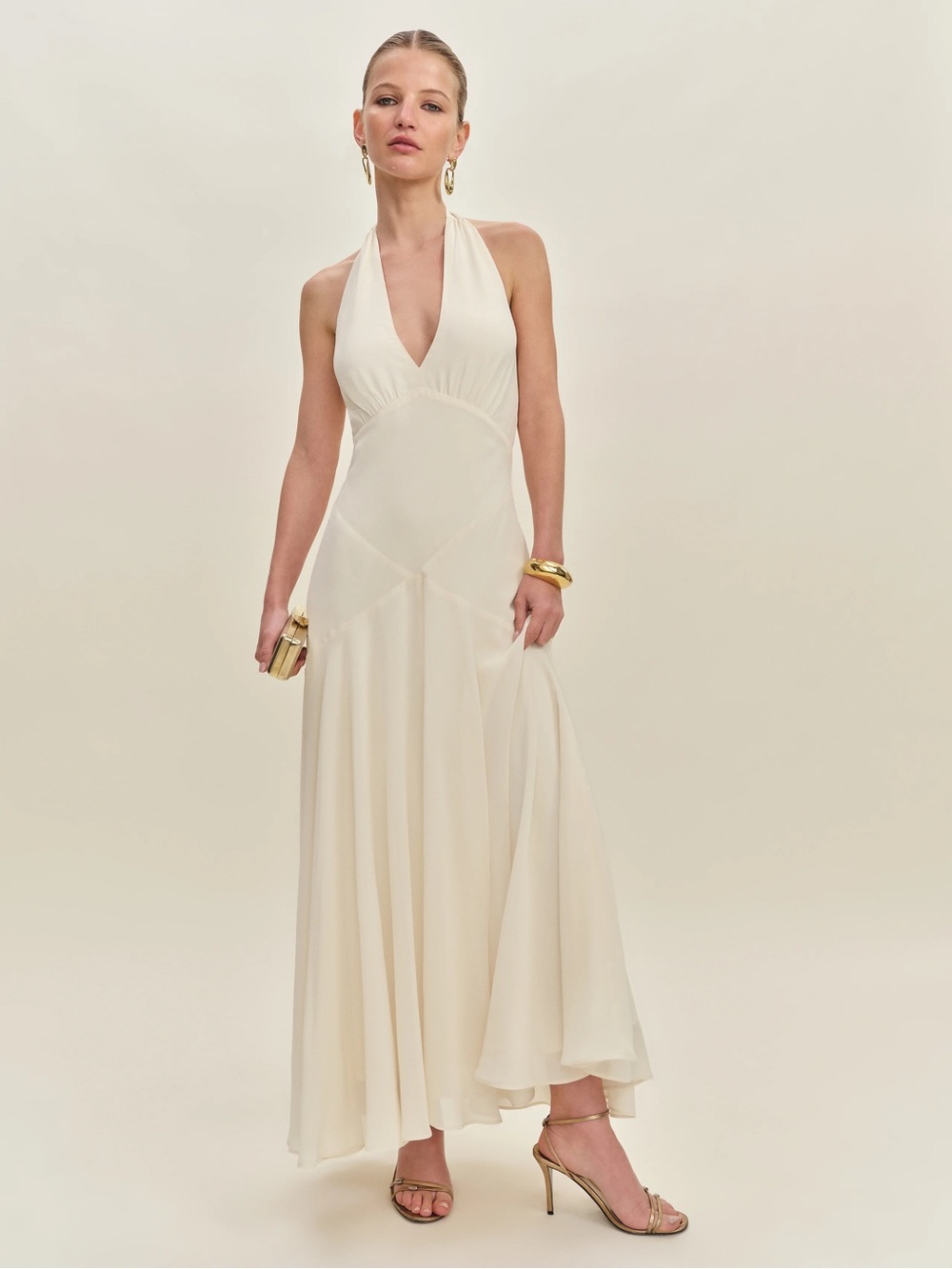 Reformation Briony Cream Halter V-Neck Maxi Dress